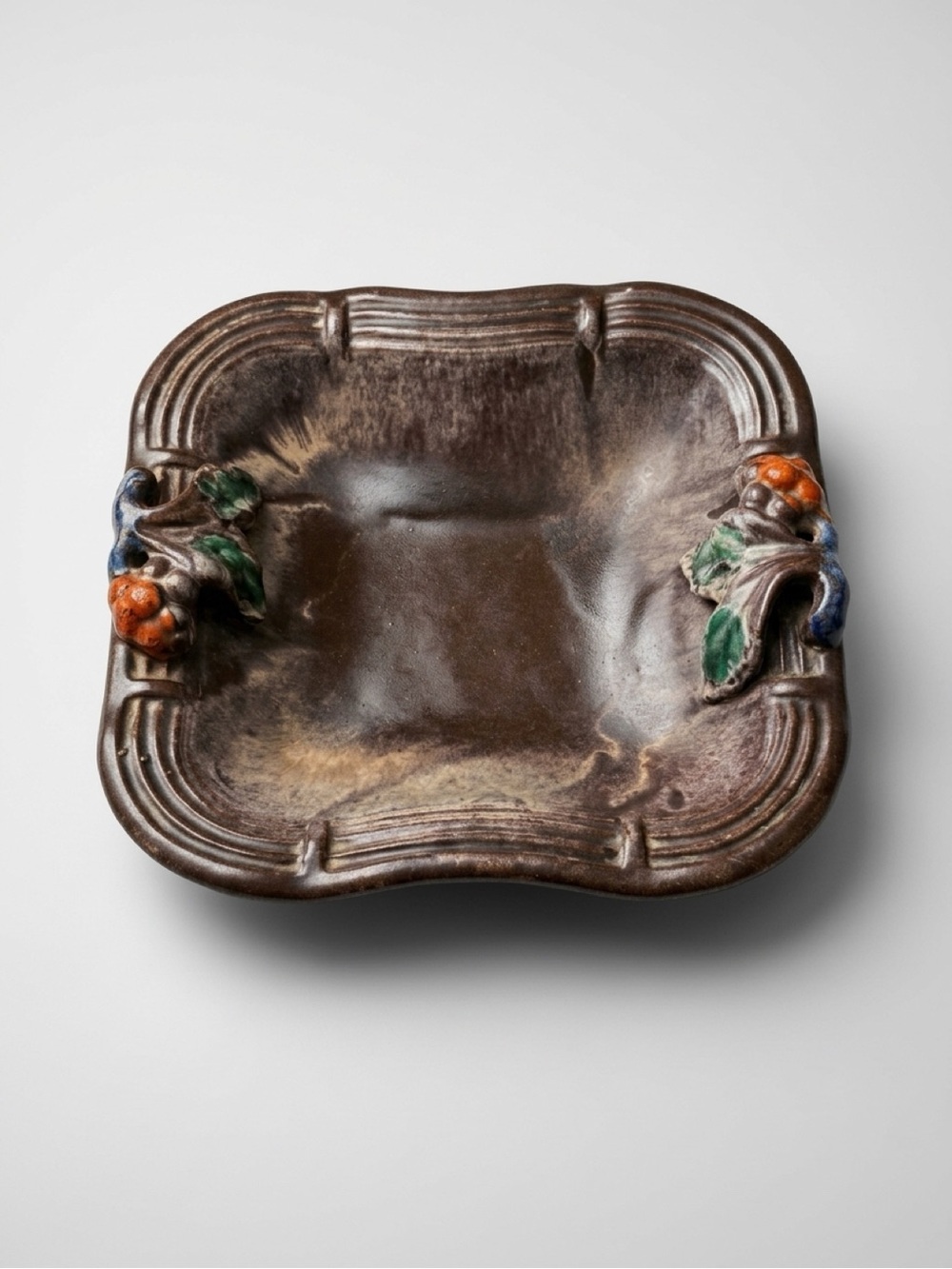 1950 Germany Brown Ceramic Decorative Bowl with Colorful Fruit Accents